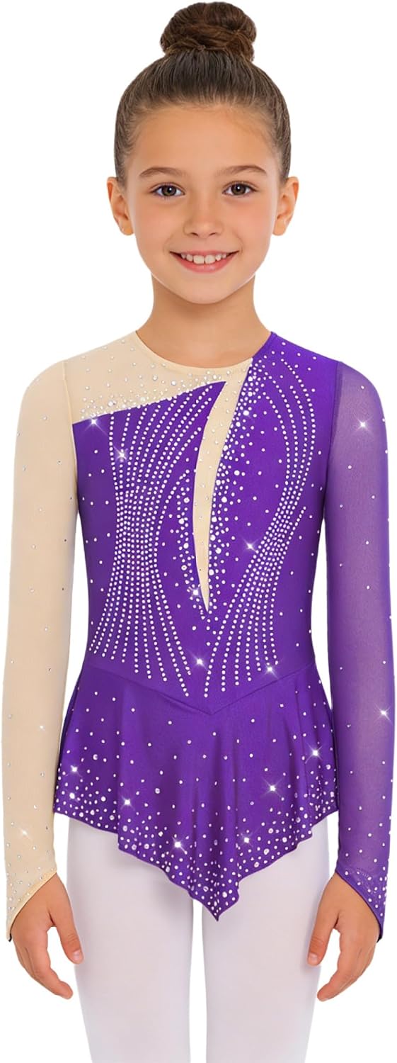 Kids Girls Figure Skating Dress Long Sleeve Shiny Rhinestones Asymmetrical Skirted Leotard Dance Dress