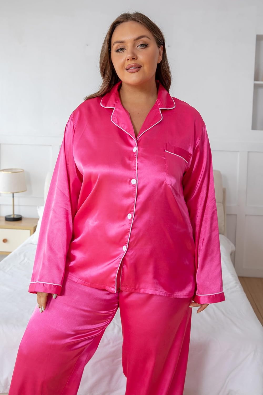 Vozanet Women's Plus Size Button Down Pajama Sets Satin Silky Long Sleeve Long Pants Sleepwear Loungewear Nighty XL to 5XL - Image 2