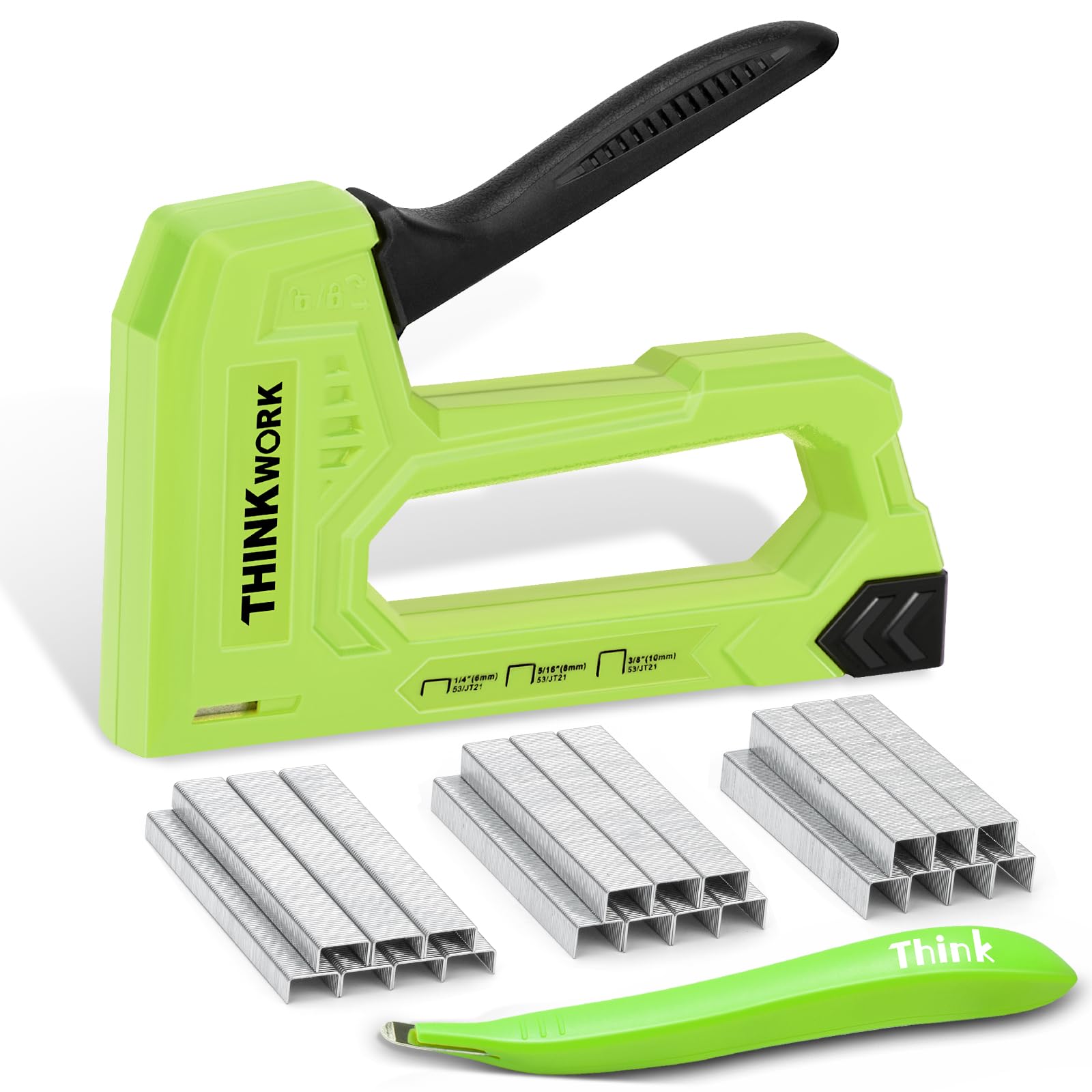 THINKWORK Pistola grapadora ligera – Pistola grapadora de tapicería para madera con 1600 grapas JT21 de 1/4 pulgadas, 5/16 pulgadas, 3/8 pulgadas y removedor de grapas, pistola grapadora de tela para
