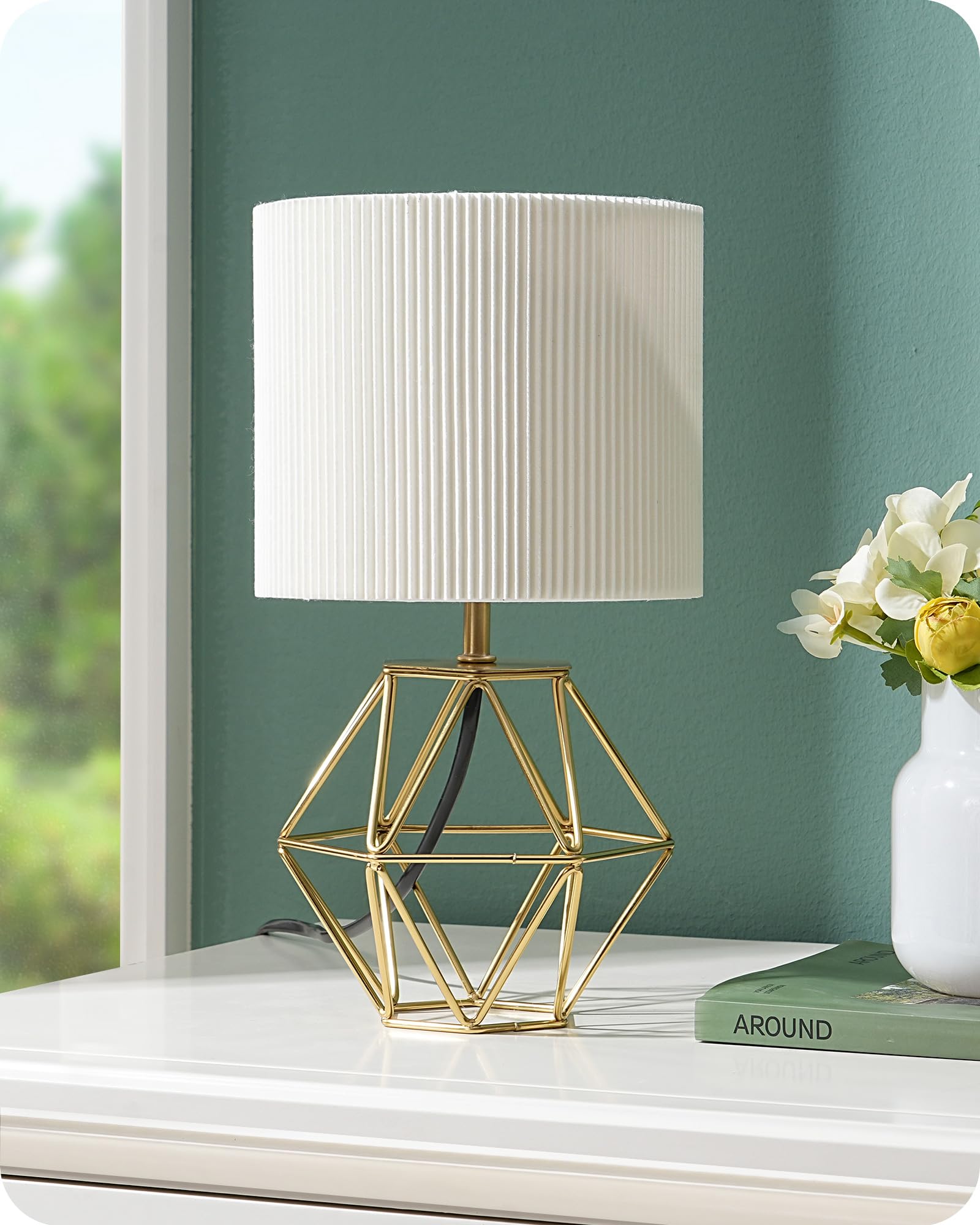 EDISHINE Nachttischlampe, Plissee Lampenschirm, Metallsockel, 2700K | In Diamantform, inkl. 4 W LED-Leuchtmittel, E14 Fassung, für Schlafzimmer und Wohnzimmer, 29 cm