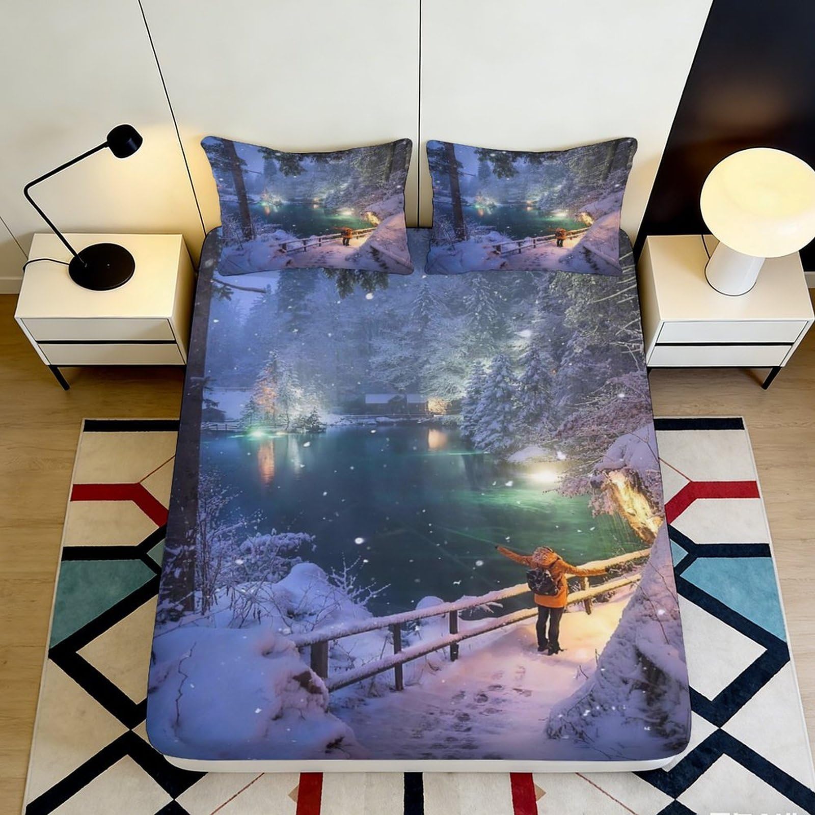 Pnayamiorkfel Style-6 3D Printed Winter Snow Forest Fitted Sheet Microfiber Soft Lake View Bed Cover, Anti-Slip, Easy Care, Bedroom Decor 90X200x25cm