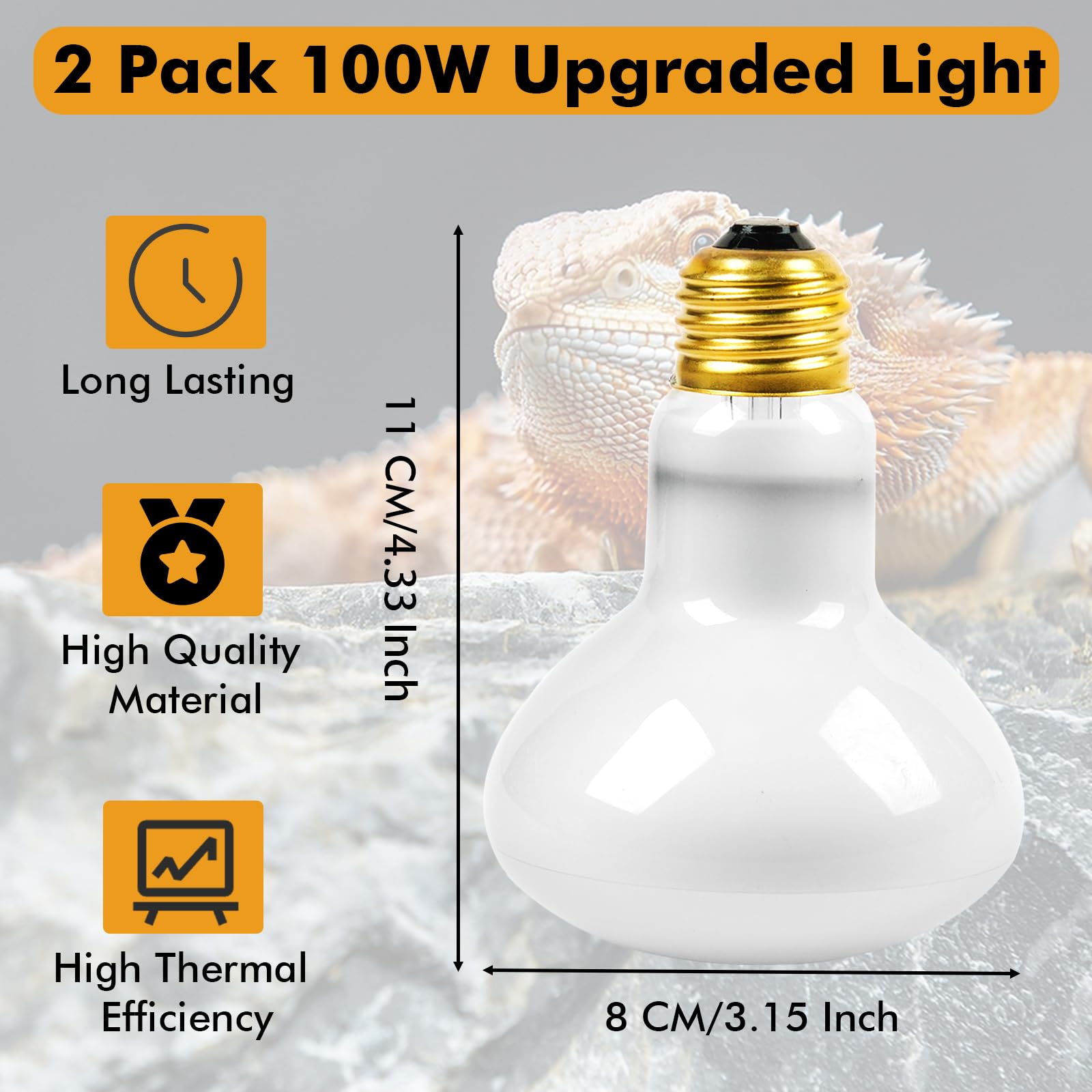 Lámpara de calor para reptiles, 100 W, bombillas de lámpara de calor para reptiles, paquete de 2, anfibios, luz solar UVA para reptiles, dragón barbudo, lagarto, tortuga, pollo