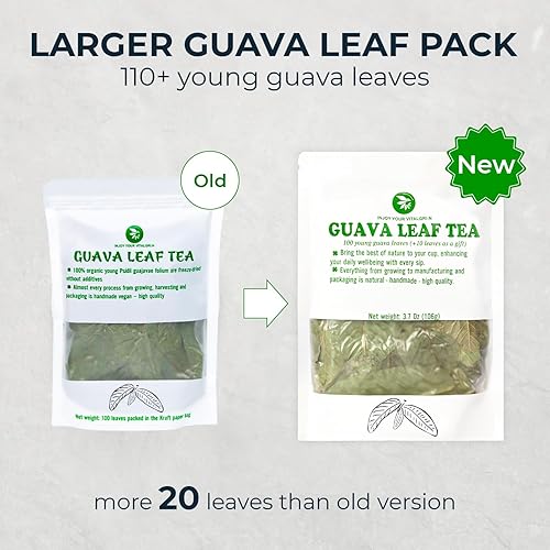 Miniatura 2 de Té de hoja de guayaba joven más de 100 hojas enteras secas (+ hasta 20 hojas), 3.39 onzas, hojas de guayaba, sin cafeína, sin azúcar añadido,