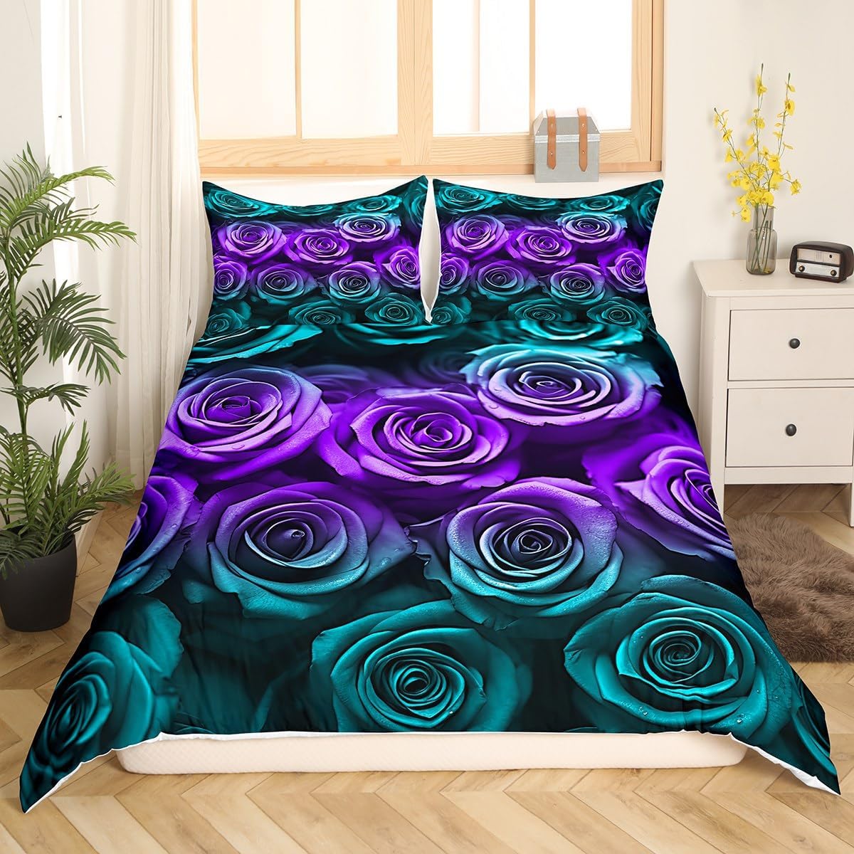Erosebridal Teal Purple Rose Flower Bedding Set Queen Turquoise Rose Duvet Cover Gifts for Girls Women Wife Girlfriend,Wedding Valentine's Day Comforter Cover Romantic Blossom Floral Bed Set Zipper