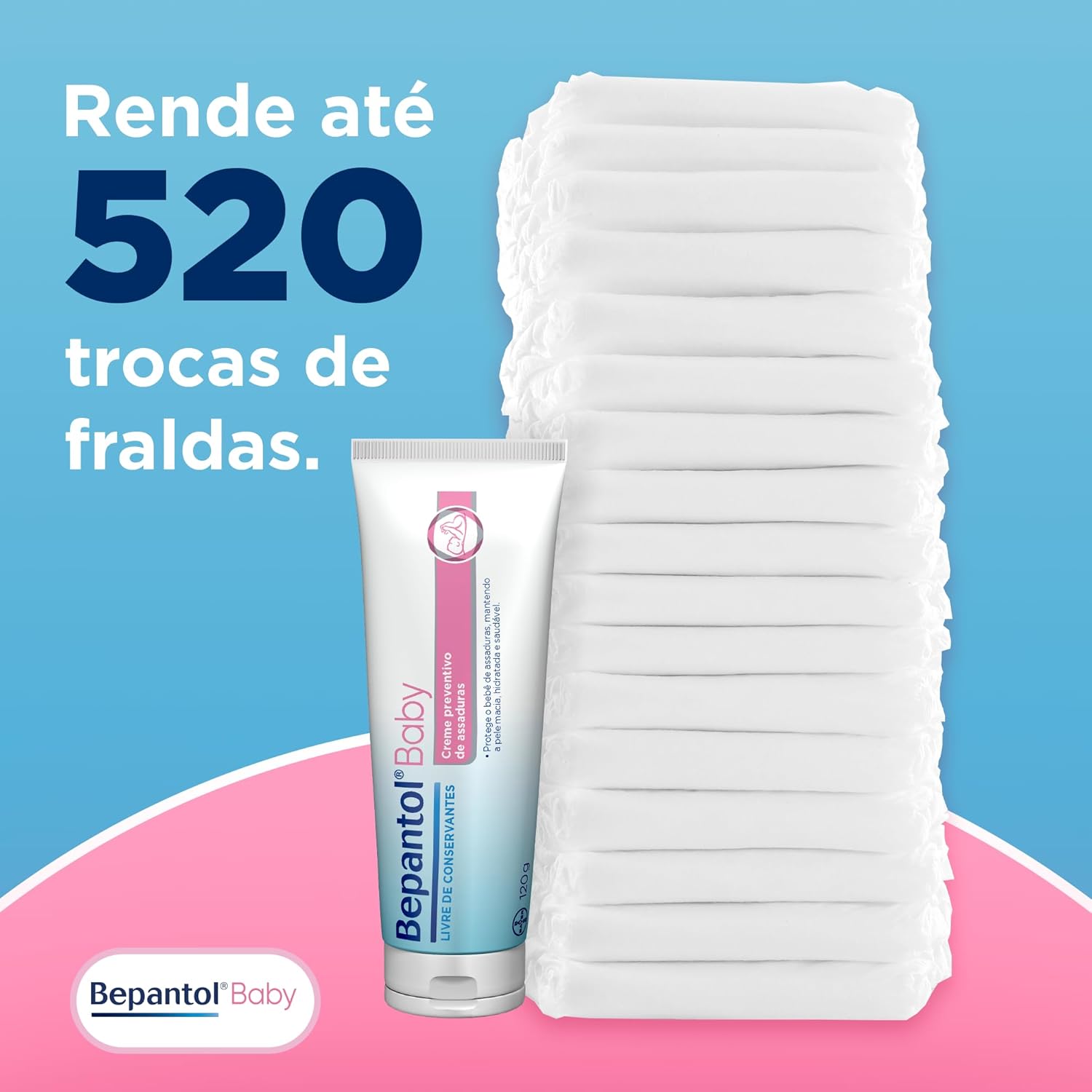 Imagem frontal do produto com fundo gradiente entre azul e rosa.