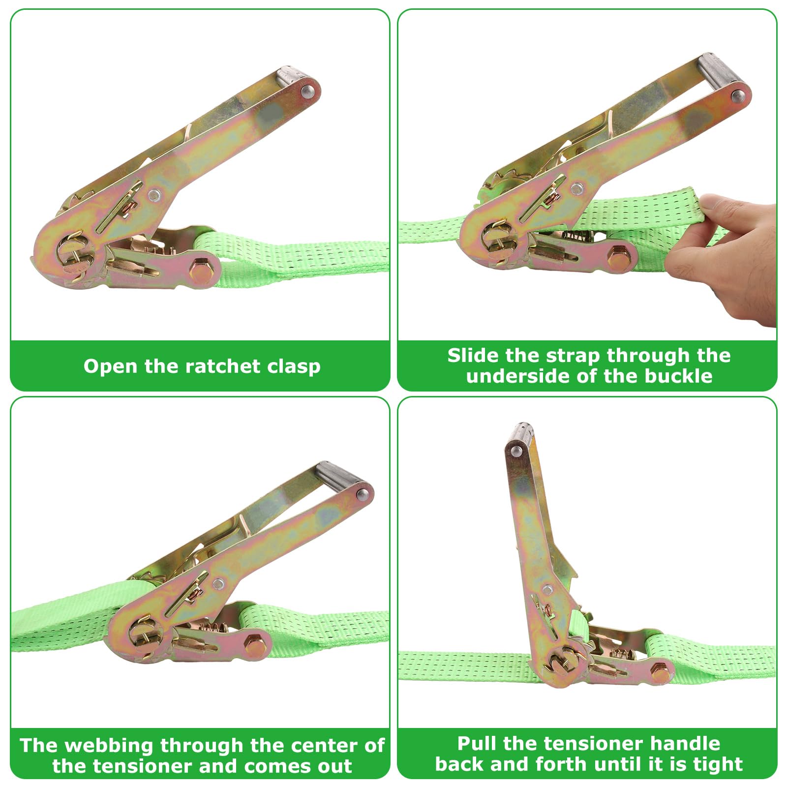 YOUNTHYE Juego de 2 correas de trinquete resistentes, 5 cm x 6 m, resistencia a la rotura de 5000 kg, correas de amarre ajustables con gancho en J de metal para camiones, coches, motocicletas (verde)