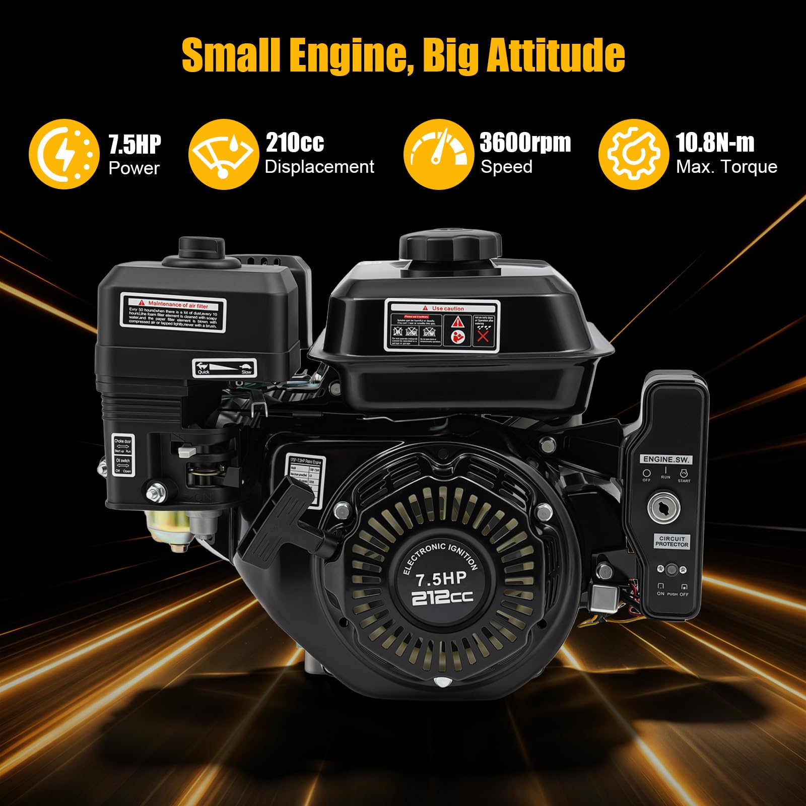 7,5 PS 4 Takt Benzinmotor, 212cc Standmotor Kartmotor, 3600 U/min Antriebsmotor mit 3,6L Tank, Elektrostart & Handstart, OHV Motor für Go-Kart Generator Hochdruckreiniger Industriemaschinen