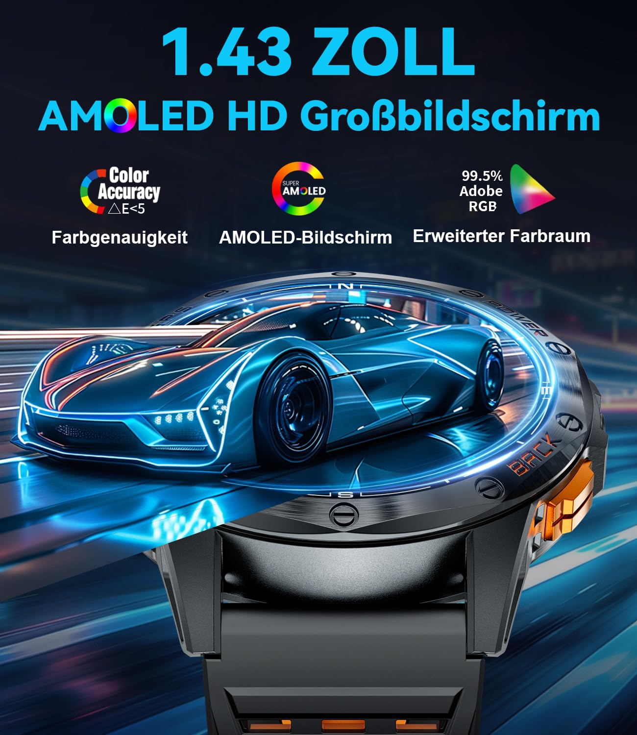 LIGE GPS Smartwatch Herren, Barometerdruck/Höhenmesser/Kompass, 1,43" AMOLED Smart Watch mit LED Taschenlampe/124 Sportmodi/10ATM/Bluetooth Anrufe/Gesundheitsmonitor für Android iOS, DM1-H