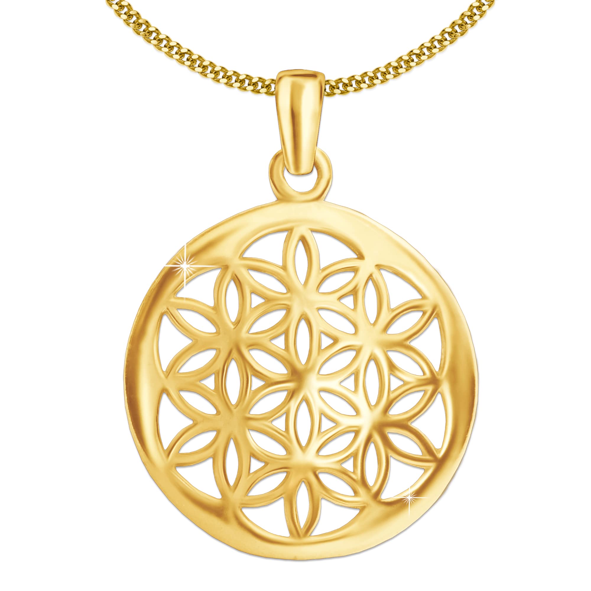 CLEVER SCHMUCK Lebensblume Damen Halskette Anhänger Blume des Lebens Ø 17 mm Sterling Silber 925 gold-plattiert Kette Panzer 45 cm im Schmucketui creme