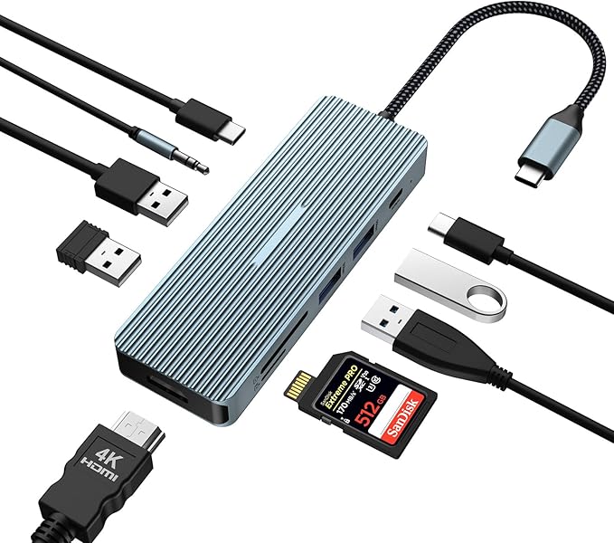 HOPDAY 10-in-1 USB C Hub - 4K HDMI, 100W PD Charging, USB 3.0, SD/TF Card Reader For MacBook & Laptops