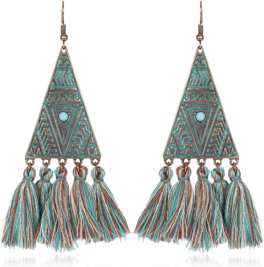 Copper Tone Metal Triangle Thread Tassel Earring For Women Jewelry
