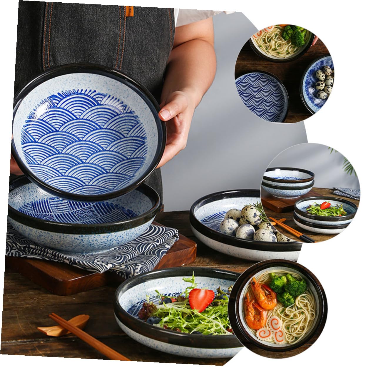 Assiette en Céramique Style Japonais Vintage Bleu, Plat Dessert Surface Lisse Facile à Nettoyer, pour Servir les Repas la Maison