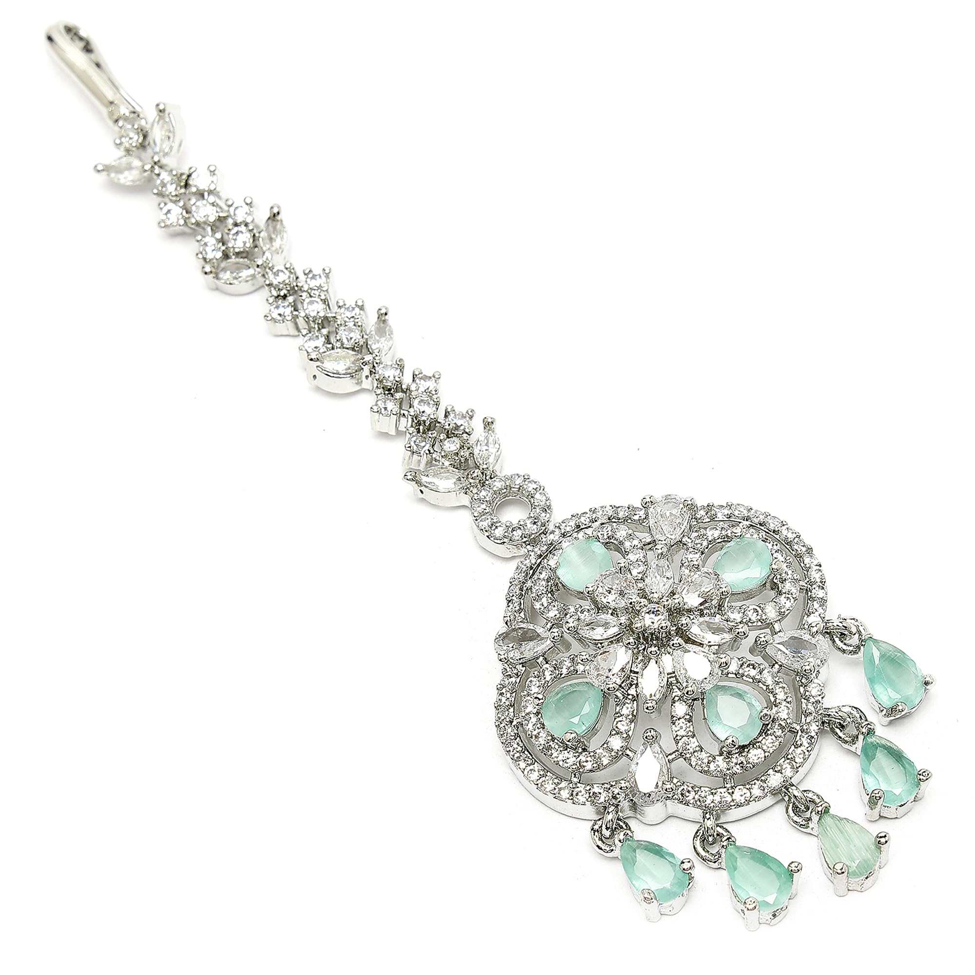 Floral Brass Maang Tikka for Wedding Rhodium Plated American Diamond Studded Silver Toned Maang Tikka for Women & Gift For Girls-image-12