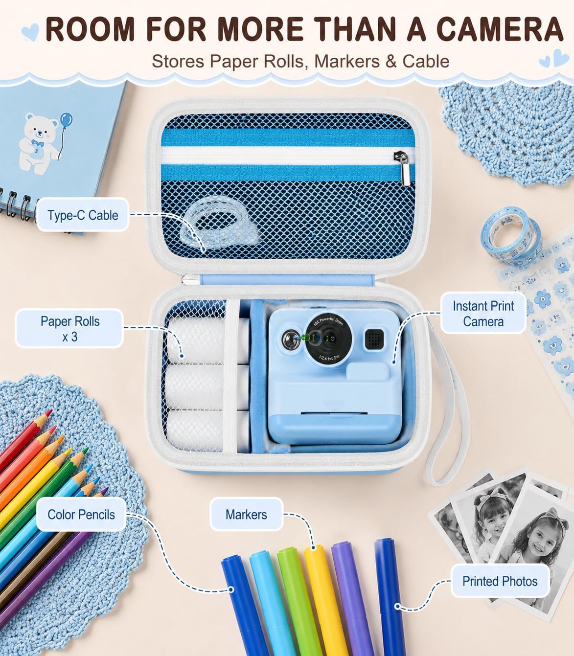 kids Instant Print Camera Case Compatible with DYLANTO for ESOXOFFORE for ETIKEZ for YTETCN for DUDUDRAGON Digital Camera,Portable Storage Organizer with Pocket for Accessories(Box Only)-Blue