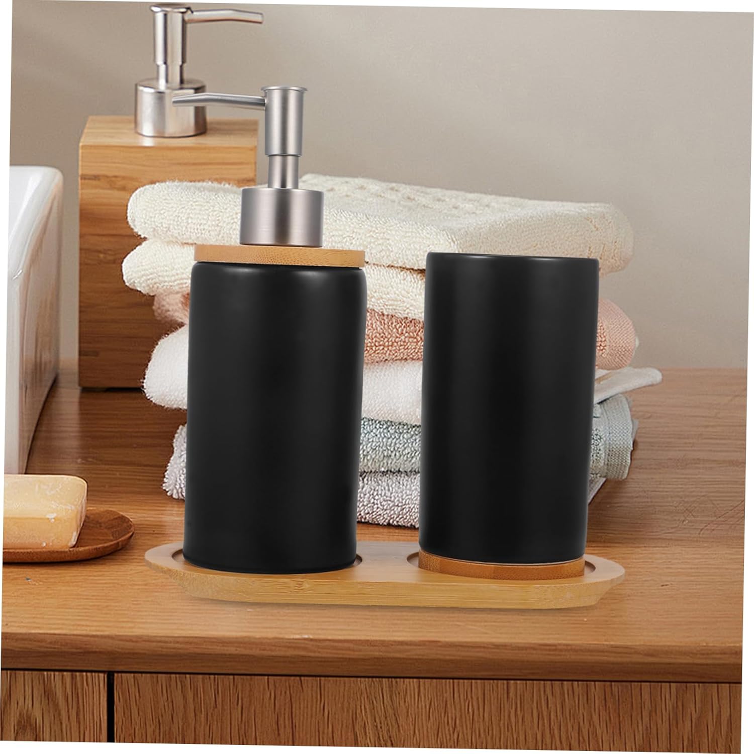 PRETYZOOM Bathroom Accessory Set Black Ceramic Soap Dispenser Toothbrush Cup Shampoo Bottle Dispenser Shower Pump