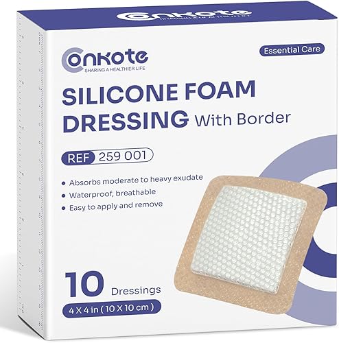 Conkote Apósitos de espuma de silicona con borde, paquete de 10, vendaje adhesivo impermeable de 4 x 4 pulgadas para el cuidado de heridas