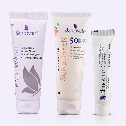 Skinovate 3-in-1 Skincare Combo – Daily Kit with Face Wash (100ml), SPF 50 Sunscreen (100ml) &amp; Brightening Night Cream (15...