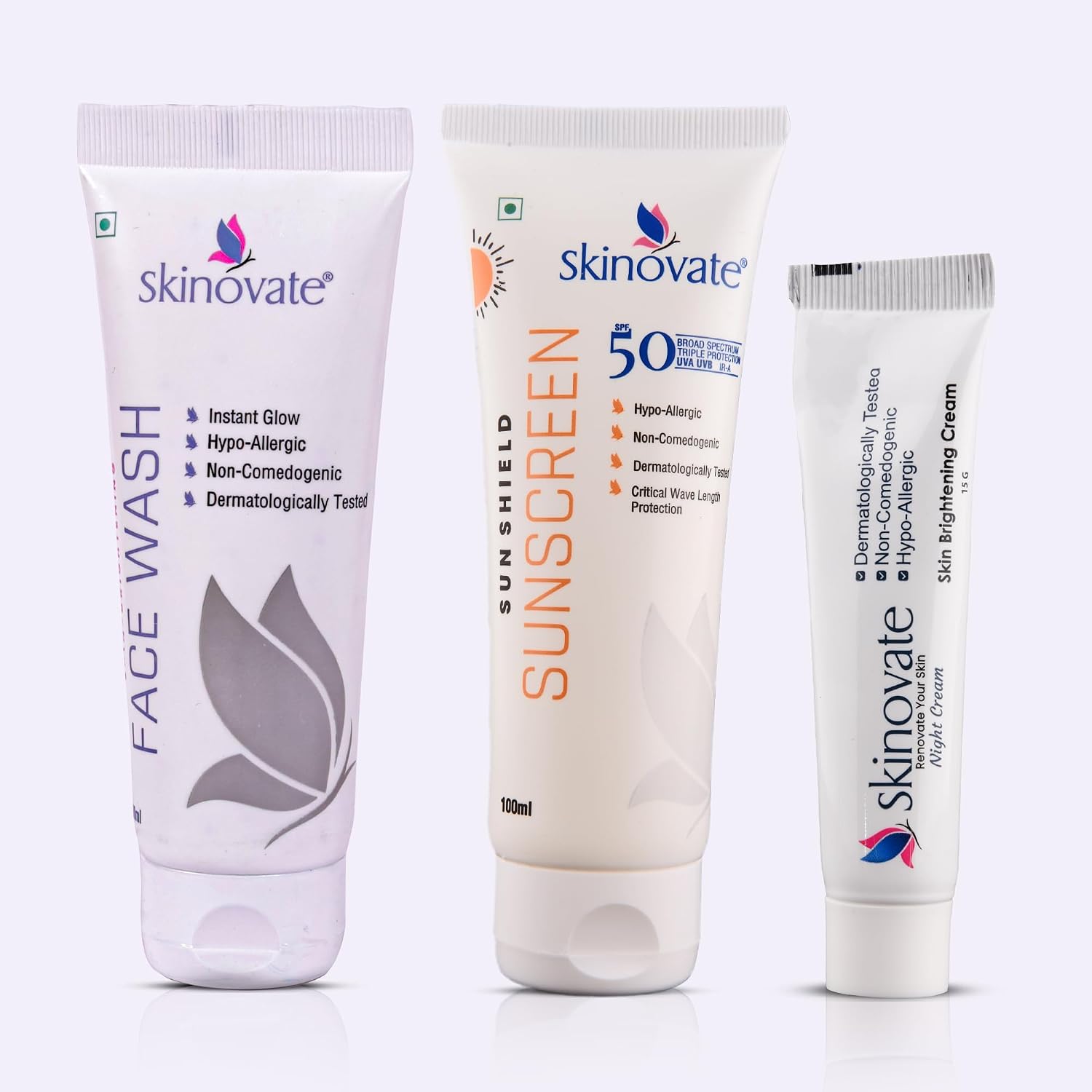Skinovate 3-in-1 Skincare Combo – Daily Kit with Face Wash (100ml), SPF 50 Sunscreen (100ml) & Brightening Night Cream (15... - Review, Price and Buying Guide
