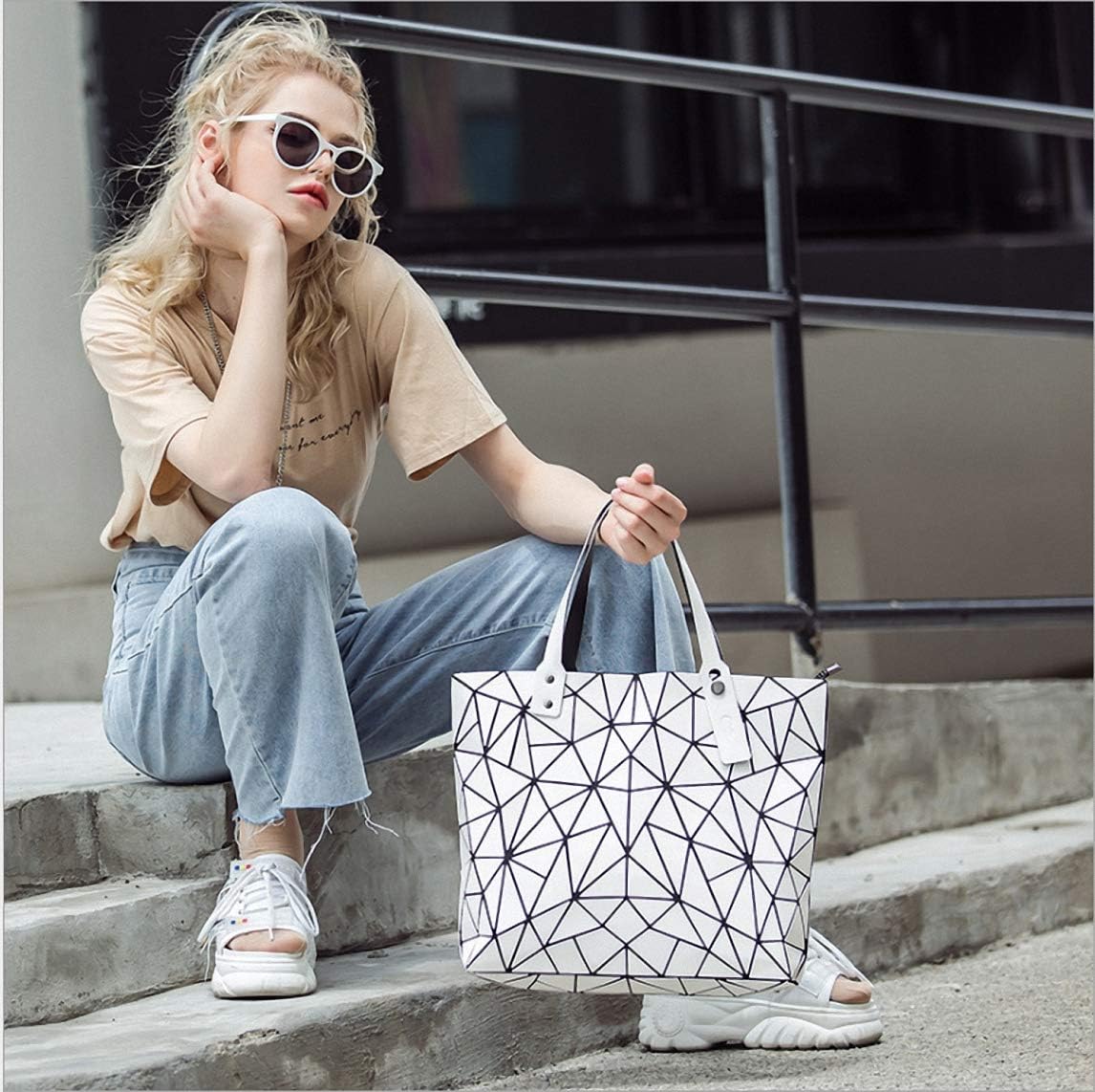 Geometric Lattice Top-handle Handbag for Women Matte Tote Purse Handbags Geometry Shoulder Bag - Image 5