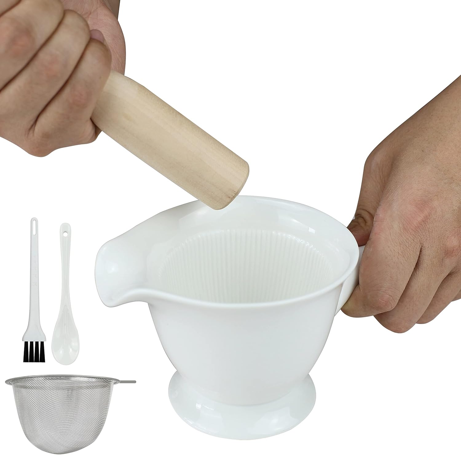 EIKS Ceramic Mortar and Pestle Set with Spoon and Strainer