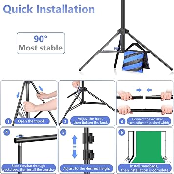 EMART Green Screen Backdrop Kit 7x10FT with 3Pcs 6x9ft Backdrop for Party | Black White Backdrop with Stand with 4 Clamps, 2 Sandbags for for Photography, Wedding, Video Shooting, Live Game, TIK Tok