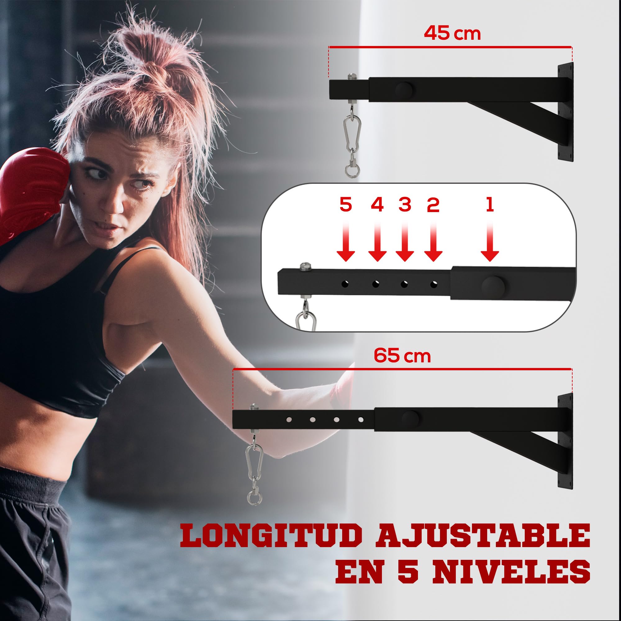 SPORTNOW Soporte Saco Boxeo de Pared, Distancia Ajustable 45-65 cm, Gancho Giratorio 360°, Cadenas, Carga 60 kg, Negro