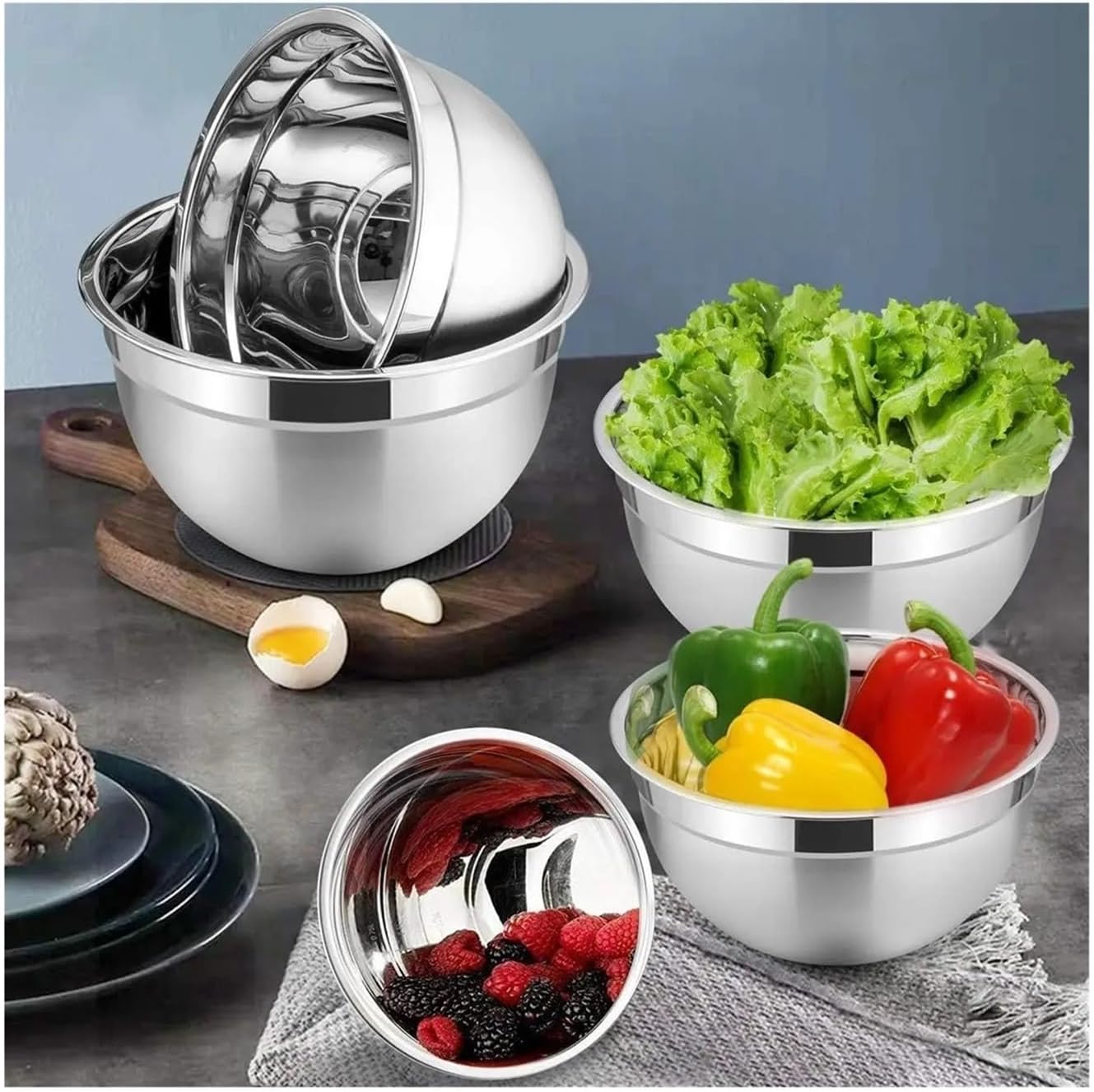 Mixing Bowl Set of 5, Stainless Steel Nesting Bowl with Airtight Lids, Metal Salad Bowls, Compatible for Baking Serving