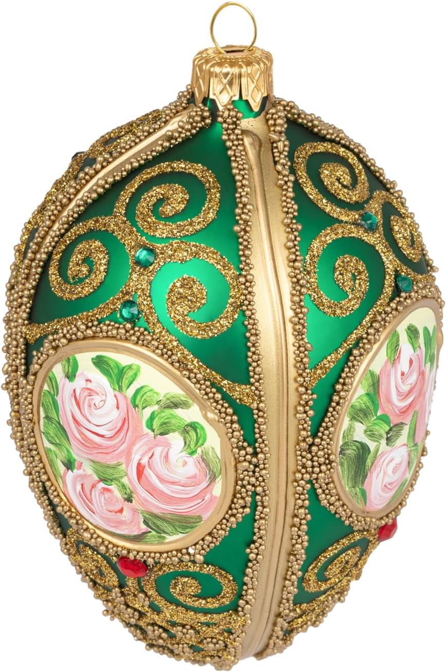 Fabergé Egg 5-Inch Blown Glass Christmas Tree Ornament Roses Portrait (Green)