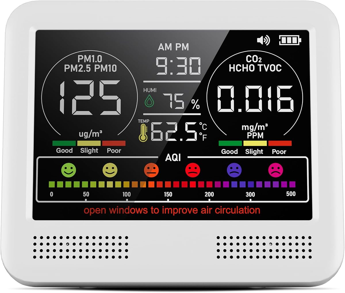 16-in-1 Indoor Air Quality Monitor with PM1.0,PM2.5,PM10,CO2,HCHO,TVOC,Temperature,Humidity,Time Display &7 AQI Alarms – Professional Air Quality Tester for Home, Office & Indoor Use