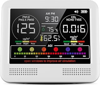 16-in-1 Indoor Air Quality Monitor with PM1.0,PM2.5,PM10,CO2,HCHO,TVOC,Temperature,Humidity,Time Display &7 AQI Alarms – Professional Air Quality Tester for Home, Office & Indoor Use