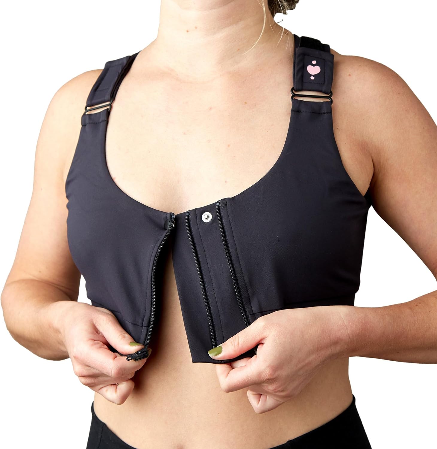 heart&core Shirl Bra, Post-Surgery Racerback Sports Bra - Post Augmentation, Comfortable, Quick-Drying, Double Zip Front