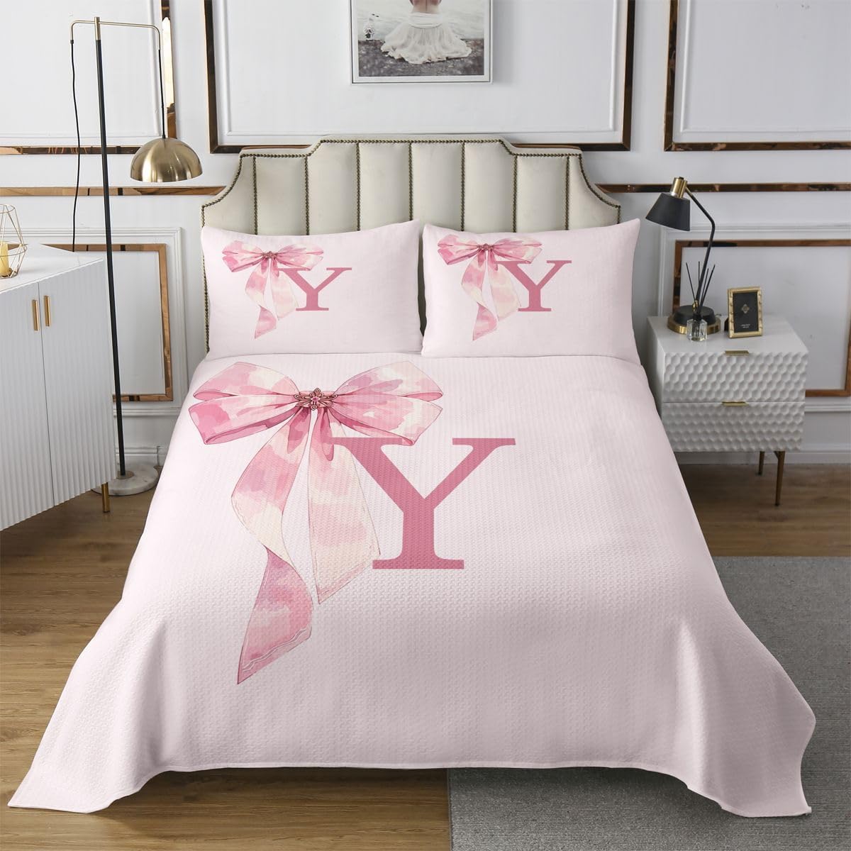 jejeloiu Pink Bow Initials Y Bedspread King Size Cute Bowknot Coverlet Set Alphabet Letter Quilted Coverlet for All Season with 2 Pillowcases ABC Letter Microfiber Lightweight