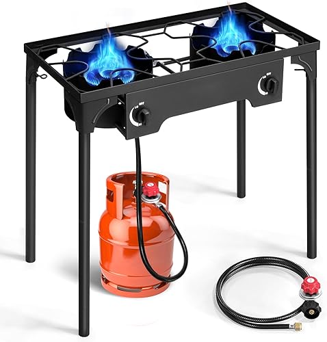 Miniatura 8 de Outvita Estufa de camping de gas portátil de 75,000 BTU, quemador de propano para exteriores con regulador de 20 psi, cocinilla individual de alta