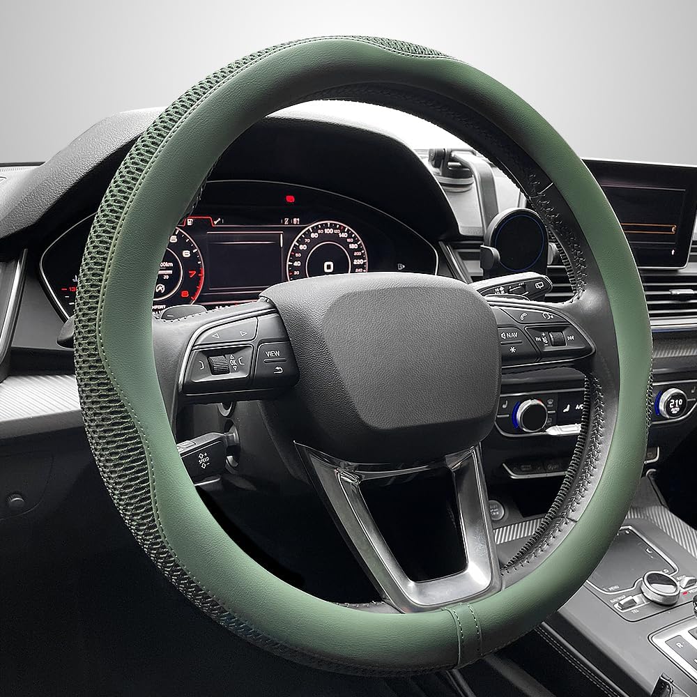 LKWLIKEI Car Steering Wheel Cover, Universal 15 inch, the Latest Microfiber Leather Breathable Technology Fabric, Non-Slip, Comfortable, Warm in Winter and Cool in Summer, Green
