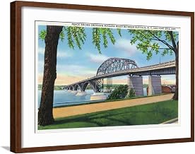 ART.COM Wall Art Print Buffalo, NY, Peace Bridge Crossing Niagara River View, Fort Erie, Ontario in Distance on Brown Frame by Lantern Press, 29" x 21"