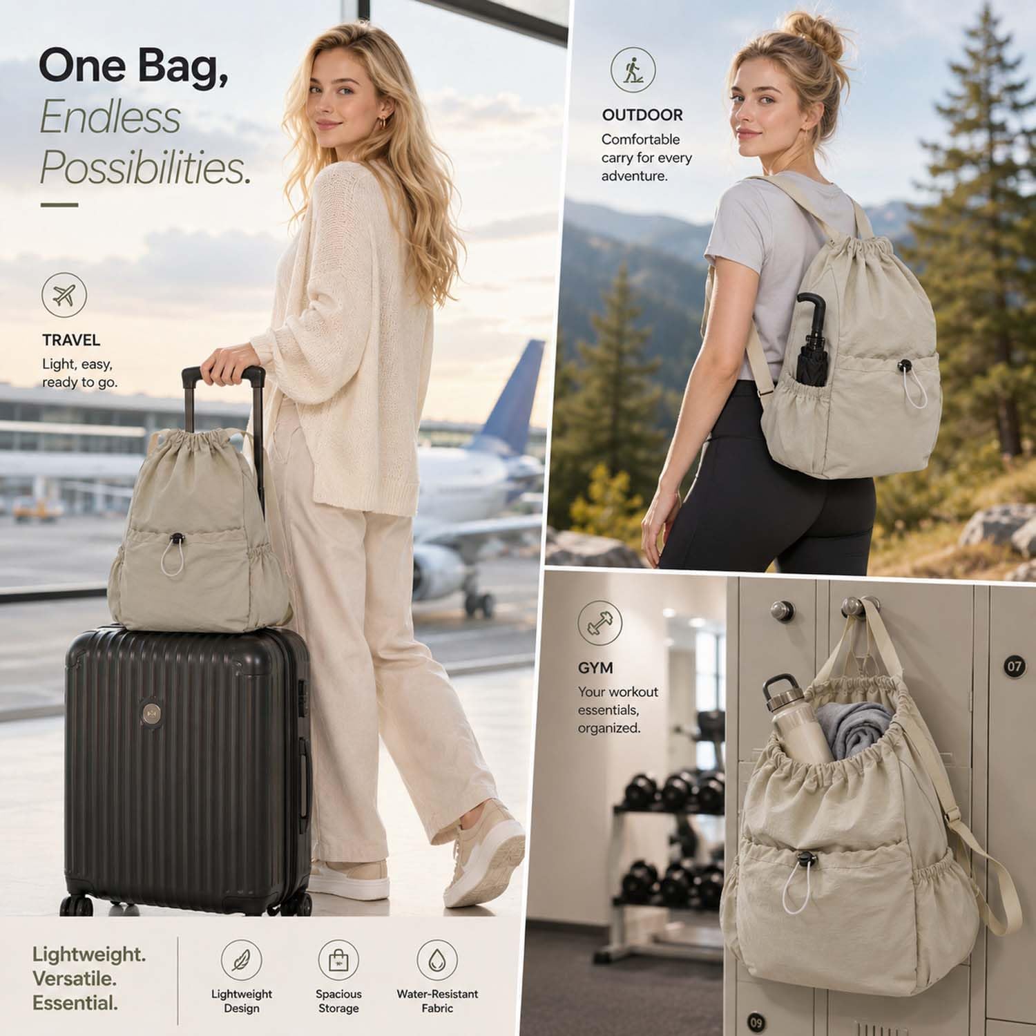 Drawstring Backpack for Women Men,Lightweight Foldable String Bag,Nylon Cinch Bag For Sports Gym Travel (Beige)