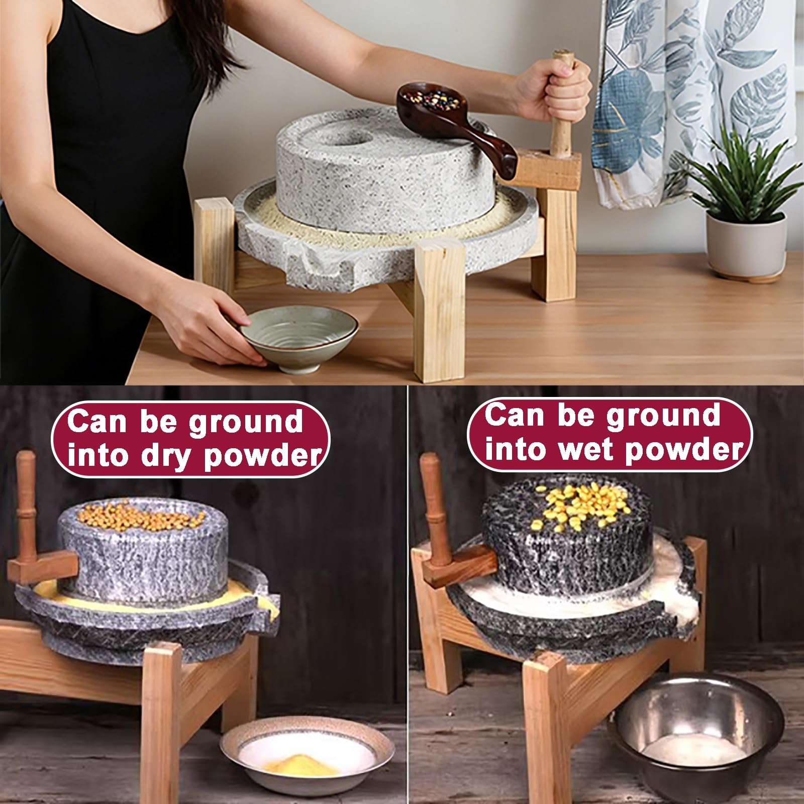 Ręczny młynek do ziarna kamienia z drewnianą podstawą, młynek do naturalnego granitu do suchych i mokrych ziaren, 25 cm
