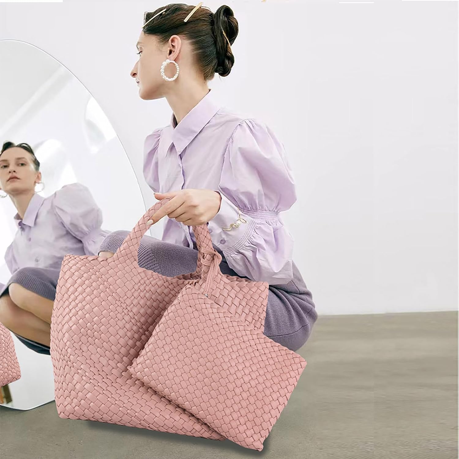 JINMANXUE Fashion Woven Bag Shopper Bag Travel Handbags and Purses Women Tote Bag Large Capacity Shoulder Bags - Image 2