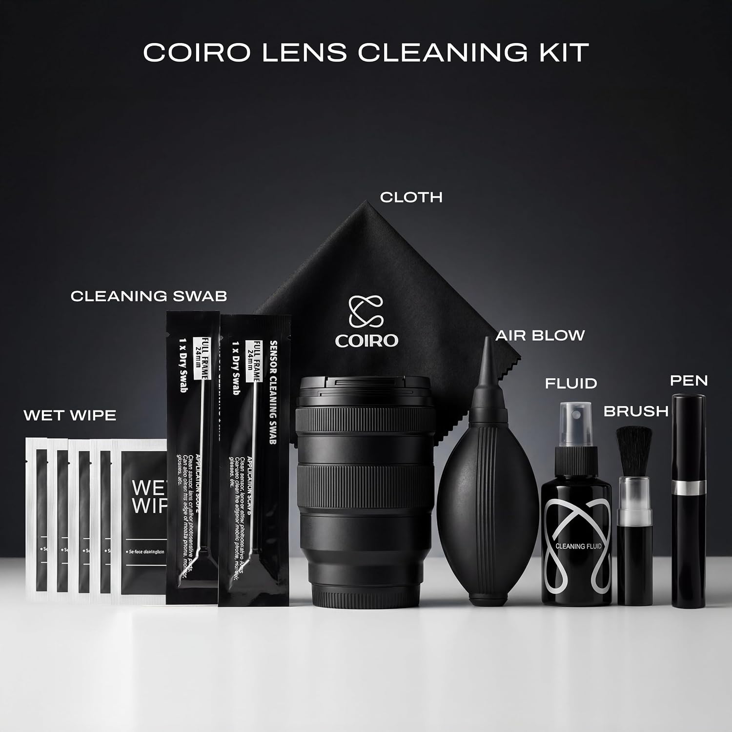 C Coiro Camera Lens Cleaning Kit 7 in 1 – Lens Pen, Air Blower, Sensor Cleaning Swabs, Lens Cleaner Spray, Wet Wipes 5 Pac, Microfiber Wipe – DSLR Mirrorless Full Frame