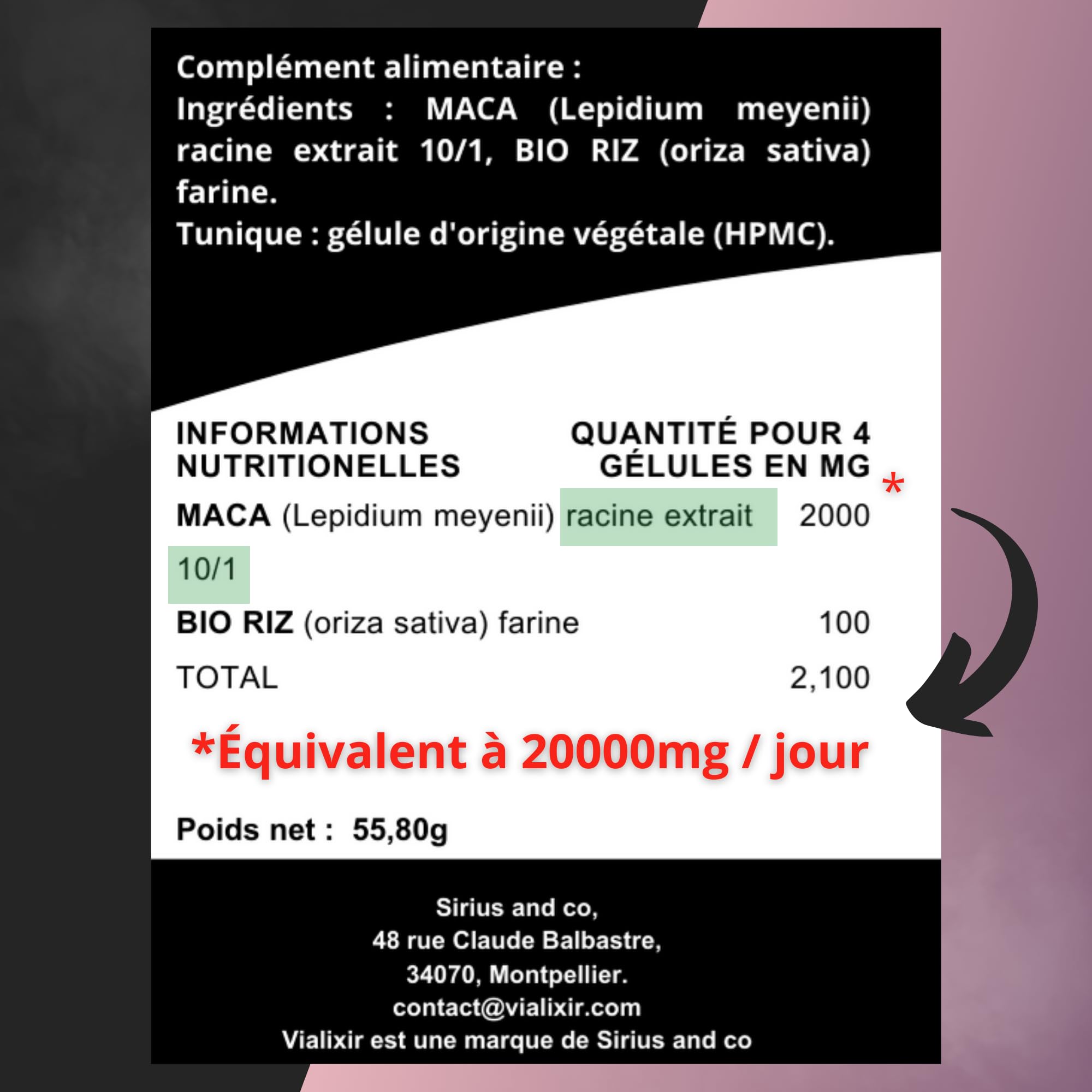 Maca Noire 20 000mg/jour Extra Forte | 90 Gélules Végan | Energie Equilibre Hormonal Détente I Extrait de Racine du Pérou concentré 10:1 I Ginseng Péruvien Made in France -Vialixir