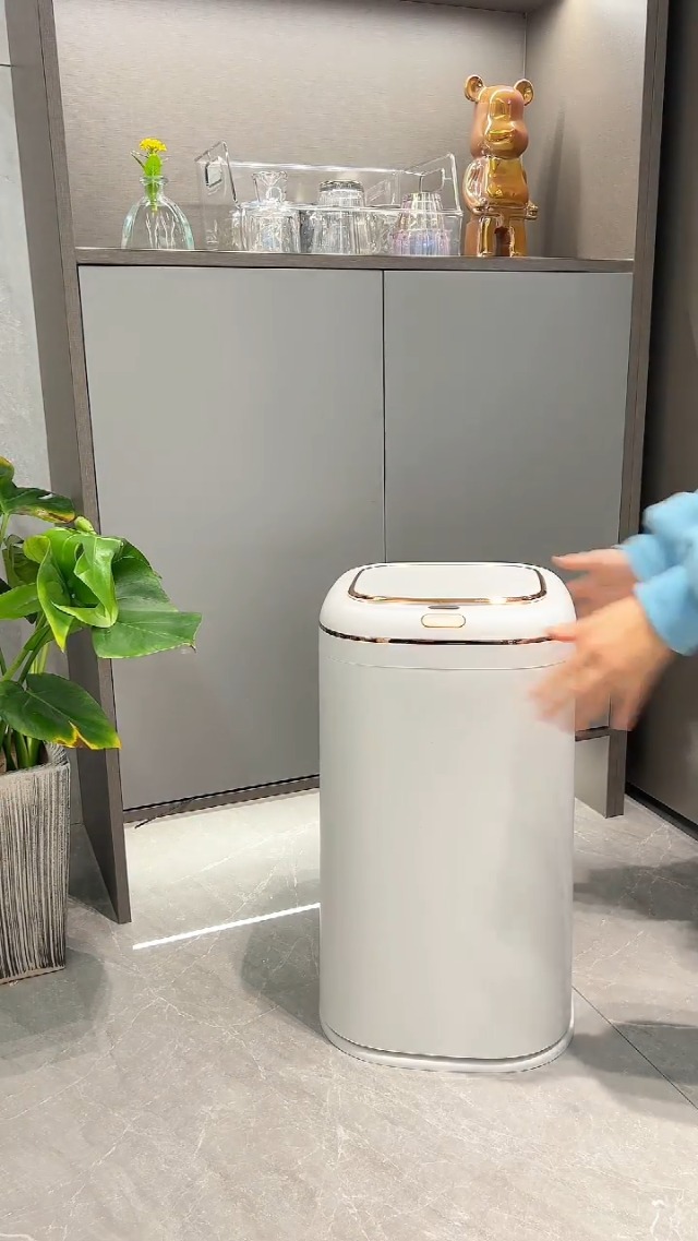 Image of Sooyee 40L Automatic Trash Can with Lid, 10.5 Gallon Smart Motion Sensor Trash Can for Bedroom, Bathroom, Kitchen, Office, White with Gold Border, 3 Opening Modes