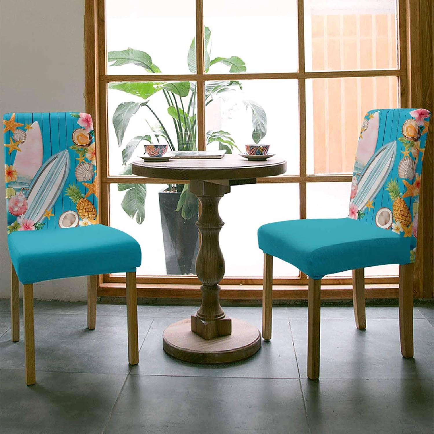 Coastal Beach Dining Chair Covers Set of 4, Summer Tropical Plants Ocean Blue Wood Grain Stretch Spandex Kitchen Chair Slipcovers Removable, Parsons Protector for Wedding Party Living Room Baby Shower