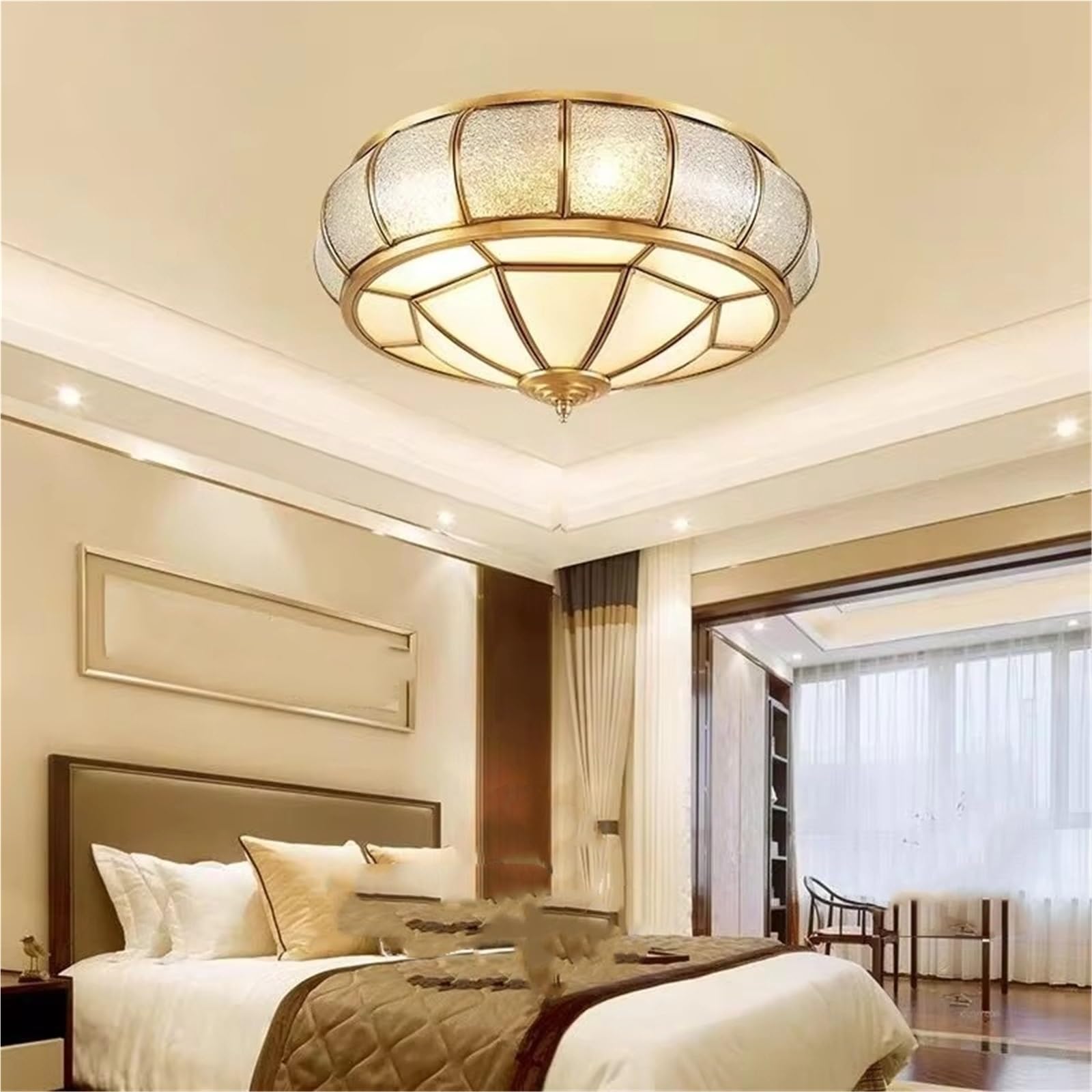 Jybnbbe Natural Light Copper Led Ceiling Lamp For Living Room Bedroom Study Retro American Style Gold Brass Glass Ceiling Chandelier Light,-Copper-35Cm