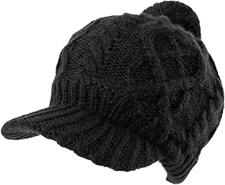 Oversized Wool Blend Visor Beanie Warm Classic Cable Knit Hat with Sun-Blocking Brim for Large Heads
