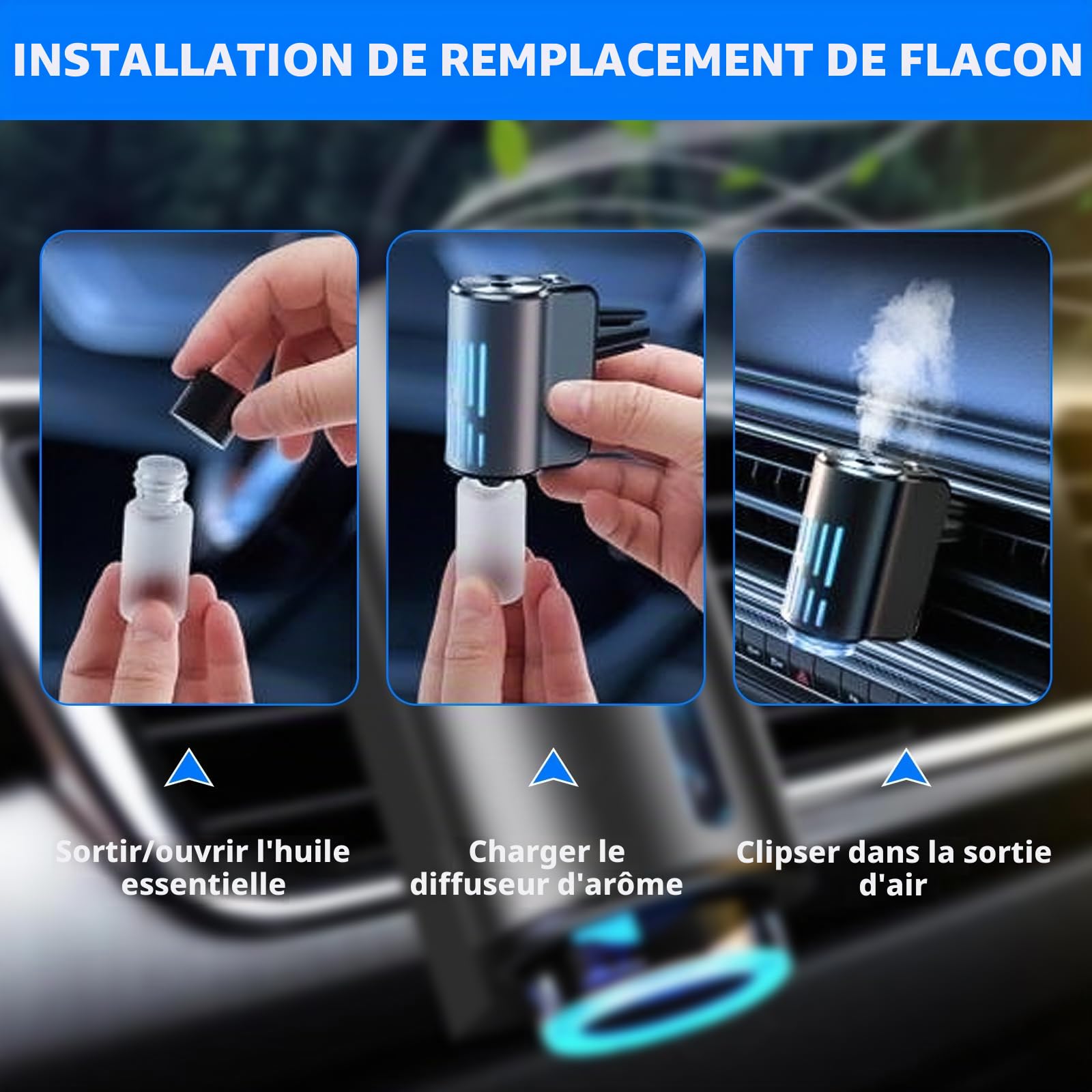 Électrique Diffuseur Voiture 3 Modes, Diffuseur Parfum Voiture avec 3 Parfums (Colognee/Chanell/Hiltonn), Atomiseur Ultrasonique On/Off Automatique, USB Désodorisant Voiture pour Voiture(Gris)