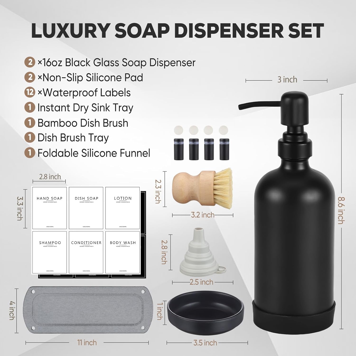 Kitchen Soap Dispenser Set with Instant Dry Tray,16 Oz Hand and Dish Soap Black Glass Dispenser Set,Stainless Steel Pump,Waterproof Labels&Dish Brush,Luxury Soap Bottle for Kitchen,Bathroom - Image 2