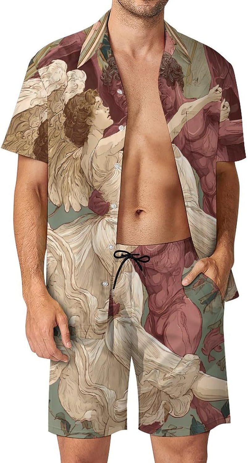Angeled Demon Dancing Ballet Men's Summer Beach 2 Piece Outfits | hawaiian button down shirt and shorts,vacation cruise,mens bathing suit