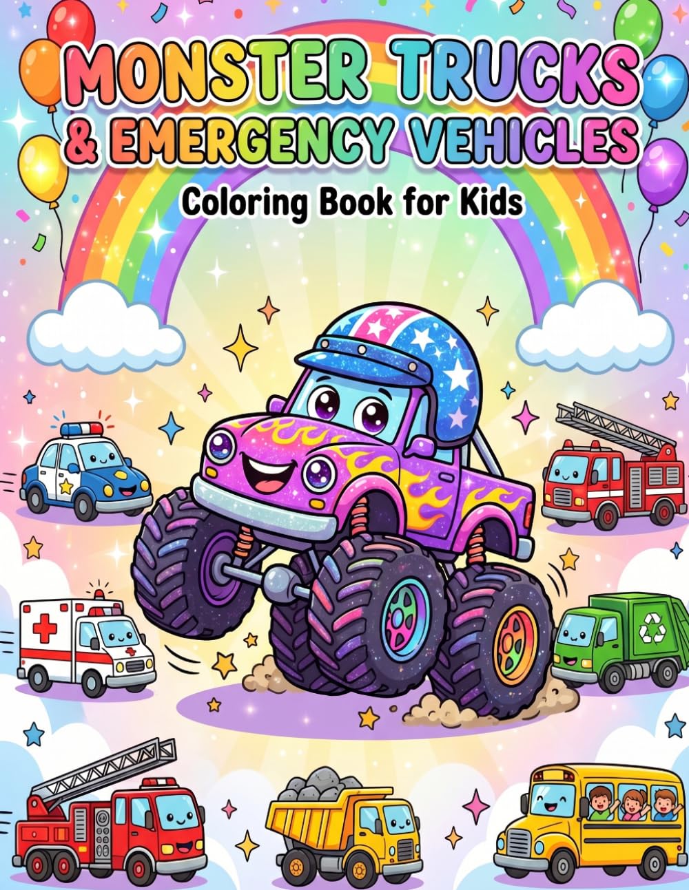 Monster Trucks and emergency vehicles: 40 Fun & Easy Coloring Pages for Toddlers Ages 2-4 | Driving, Flying & Jumping Monster Trucks with Truck Included