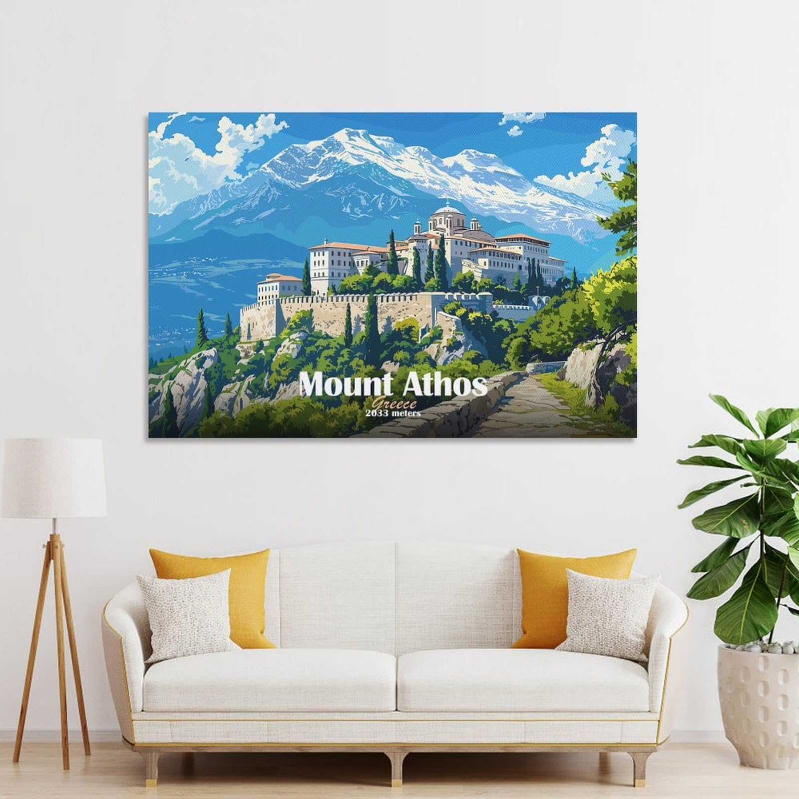 Junmoney Hanging Wall Art Mount Athos Greece, 24x36inch(60x90cm), for Sofa Walls, Lounge Or Home Corners, Canvas Styling for A Polished Room Look