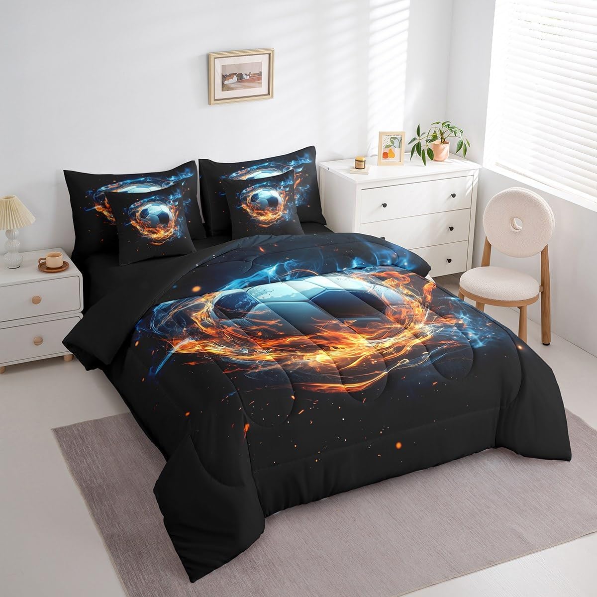 Feelyou Boys 3D Soccer Comforter Set with Sheets Twin Size 7 Pieces Kids Football Bedding Set for Girls Teens Sports Ball Gaming Theme Bed in a Bag Room Decor